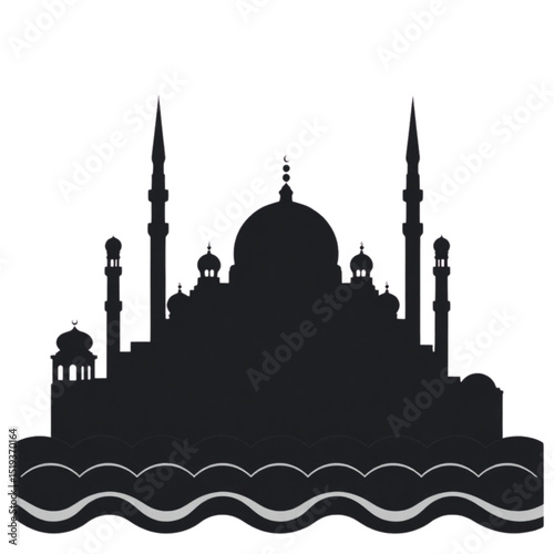 Silhouette of a mosque by the water