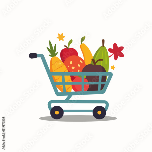 Full shopping cart with fresh fruits and vegetables. Shopping cart overflowing with healthy produce like apples, bananas, pineapple, and guava.