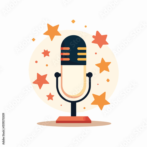 Retro microphone with stars, perfect for podcasting or music projects.  This microphone illustration features a vintage design and bright stars, symbolizing success and fame.