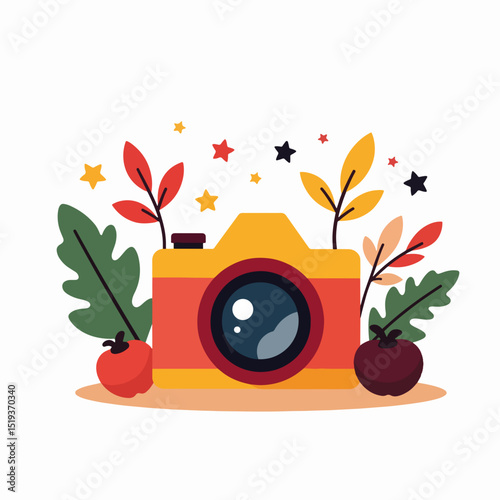 Autumn camera photography concept with fall leaves and tomatoes. Camera surrounded by colorful autumn foliage and ripe tomatoes. This design is perfect for photography blogs and social media posts.
