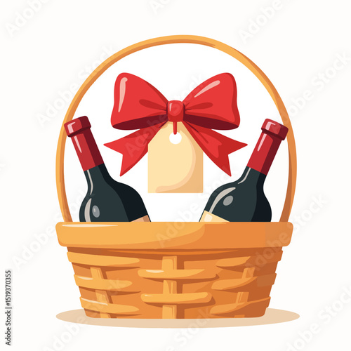 Wine gift basket with red ribbon and blank tag. Elegant wine gift basket perfect for celebrations, filled with two bottles of red wine.