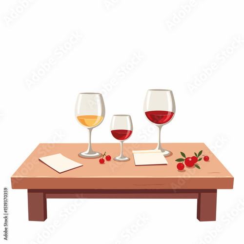 Wine tasting event table setup with glasses and tasting notes. Elegant wine tasting arrangement includes three wine glasses filled with different wines.