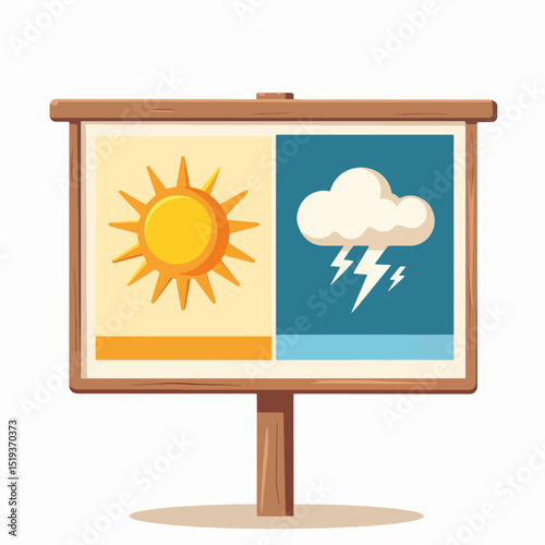 Weather forecast board showing sunny and stormy weather. This dual weather forecast board displays hot sun and storm alerts side by side.  Perfect illustration for weather apps, news broadcasts,
