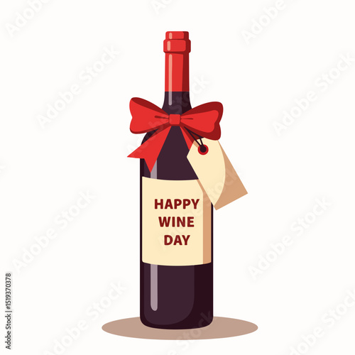 Wine bottle gift with big red bow and Happy Wine Day tag. Elegant wine bottle present perfect for wine lover. Festive wine bottle design for celebratory occasions, wine shop advertisement,