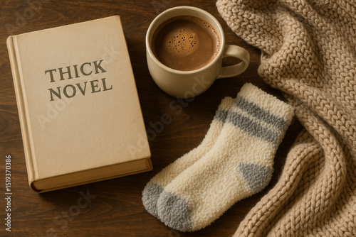 Cozy reading scene with novel, hot chocolate, socks and blanket

