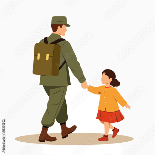 Soldier and child walking hand in hand. Father in military uniform and daughter stroll together. Heartwarming scene of military father and child. Perfect image for military homecoming, father's day,