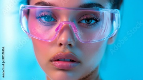 Close-up of woman wearing pink transparent visor glasses, glossy lips, and dramatic lighting