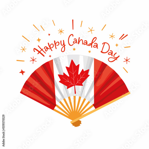 Happy Canada Day paper fan with red and white maple leaf design. Festive Canada Day celebration decorations include hand fan with sparkles and text.