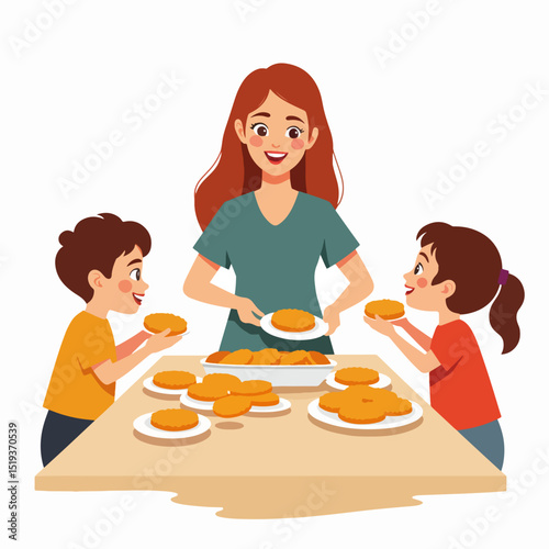 Happy mother serving latkes to her smiling children at home.  Family enjoys delicious traditional pancakes together at wooden table.