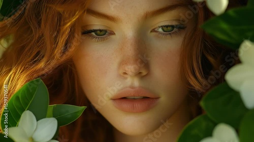 Close-up of a red-haired woman with green eyes and freckles framed by white flowers and leaves