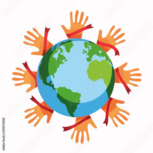 Global unity concept with hands around earth globe.  Hands are tied with red ribbons symbolizing global cooperation and support.