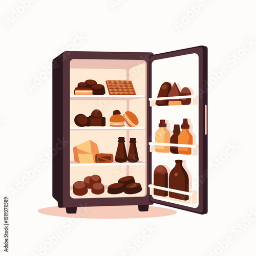 Chocolate fridge filled with assorted sweets and drinks. Refrigerator stocked with delicious chocolate bars, bonbons, and bottles of chocolate liqueur.