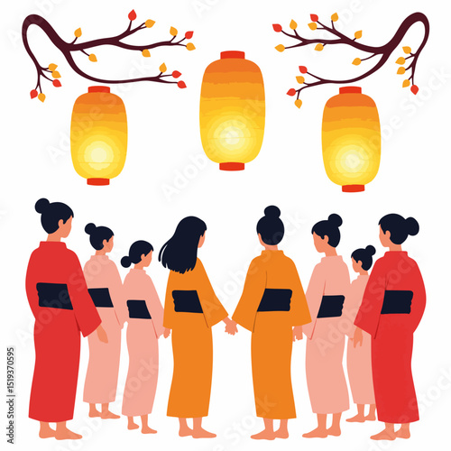 Group watching dancers in yukata under glowing paper lanterns.  People in traditional Japanese clothing, yukata, admire graceful dancers.