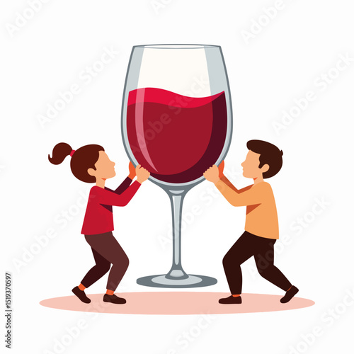 Two cartoon children lift giant wineglass filled with red wine.  Illustration shows boy and girl cooperatively carrying enormous glass of wine.