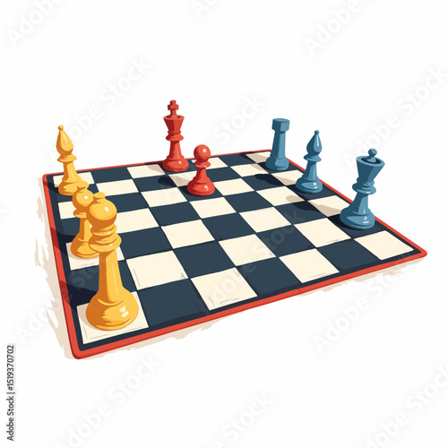 Giant chessboard drawn in chalk on sidewalk. Colorful game pieces arranged on squares of sidewalk chessboard. Fun children's game image perfect for educational posters and summer camp brochures.