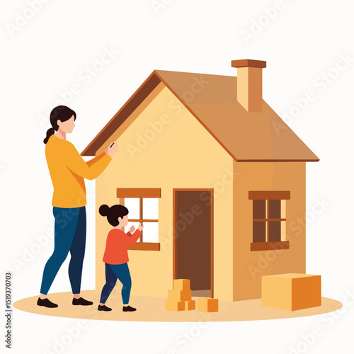 Child helping parent build cardboard playhouse. Playhouse construction involves parent and child assembling cardboard house. Fun family activity perfect for home decor blogs and DIY websites.