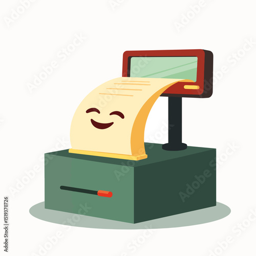 Happy cash register with long receipt and smiling face.  This cheerful cash register illustration features a long sales receipt with a happy emoticon.  Perfect for retail websites,