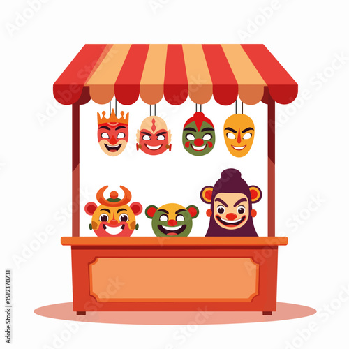 Colorful cartoon festival masks for sale at market stand. Smiling masks hang from striped awning. This cheerful illustration is perfect for creating festive designs for brochures or posters.