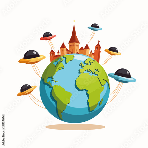 Cartoon globe with UFOs flying around castle. Fun illustration featuring a whimsical earth, alien spacecraft, and fairytale castle. Perfect for children's book illustrations, educational materials,