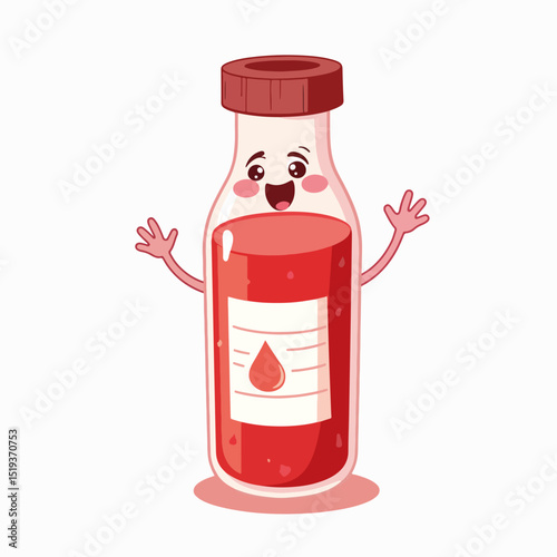 Happy cartoon blood sample vial with cheerful face. This adorable blood vial character is perfect for medical illustrations, children's books, or educational materials.