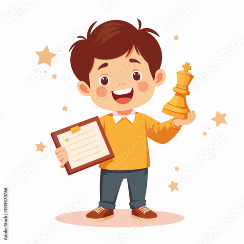 Happy child holding chess piece and certificate. Smiling boy shows his achievement award.  Winning child illustration for educational posters, celebrating success and intelligence.