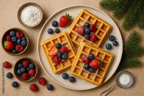 Holiday breakfast with waffles, berries and powdered sugar


