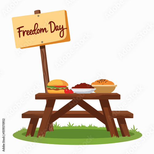 Freedom Day picnic table setting with burger, pie, and beans. Festive Freedom Day meal includes delicious burger, savory pie, and hearty beans on picnic table.