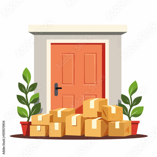 Online order boxes stacked by front door. Multiple cardboard packages delivered to doorstep. Pile of parcels near entrance.