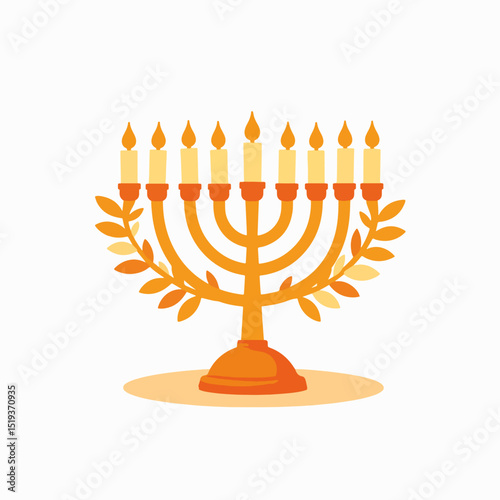 Festive menorah with olive branches for Hanukkah celebration. Golden menorah with nine candles and decorative olive branches.