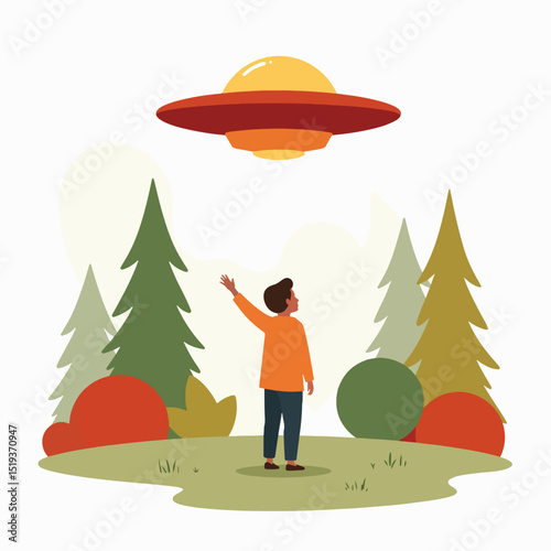 Person looking up at UFO in backyard. Boy watches flying saucer above green trees. Child sees alien spaceship in forest. Illustration perfect for science fiction book cover.