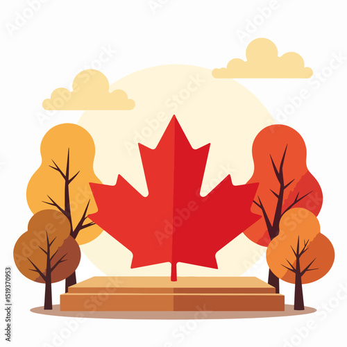 Autumn park concert stage design with large red maple leaf.  Stage is decorated with fall foliage trees.  Perfect park concert stage illustration for fall festival posters and event announcements.