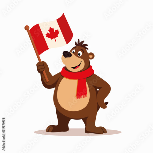 Proud Canadian bear with flag. Patriotic brown bear holds Canadian flag.  Happy bear mascot illustration perfect for Canada Day celebrations or patriotic marketing materials.