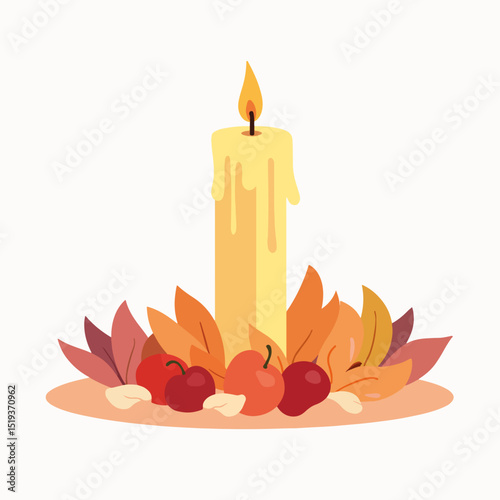 Lighted candle with autumn leaves and apples. Remembrance candle surrounded by fall foliage and red fruit. Peaceful candlelight scene perfect for memorial design or remembrance day cards.
