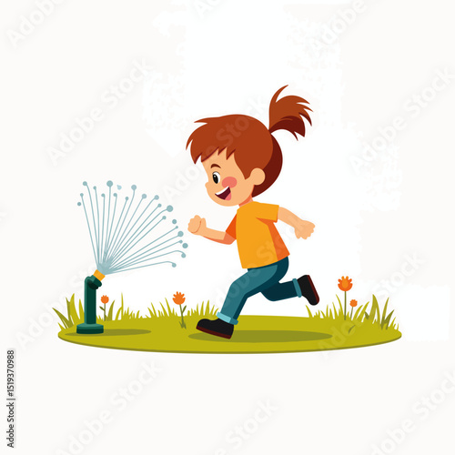 Happy child running through sprinkler in sunny yard. Kid enjoys summer fun with water spray, splashing and playing outdoors. Perfect illustration for summer fun postcards, children's books,