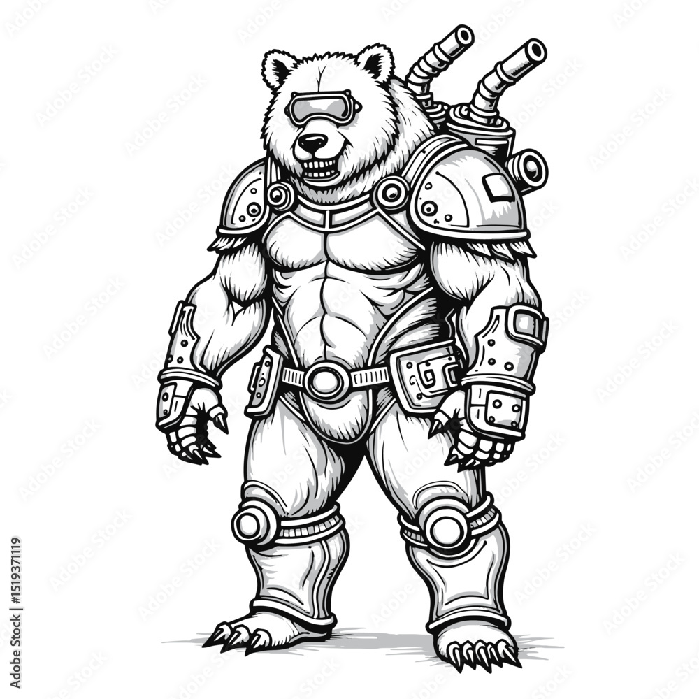 Obraz premium Steampunk Cyber Bear Warrior Vector Illustration with Mechanical Armor – Hand-Drawn Black and White Animal Character on White Background