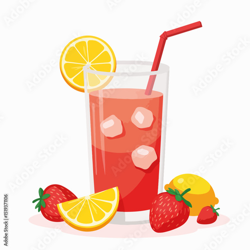 Refreshing strawberry lemonade with ice cubes and lemon slices. This summer drink features juicy strawberries, bright lemon wedges, and ice.