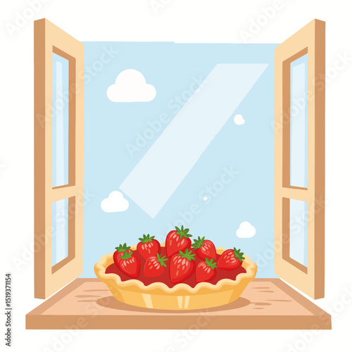 Fresh strawberry pie cooling on windowsill with gentle breeze. Sweet strawberry pie with juicy berries in golden crust sits on wooden sill.