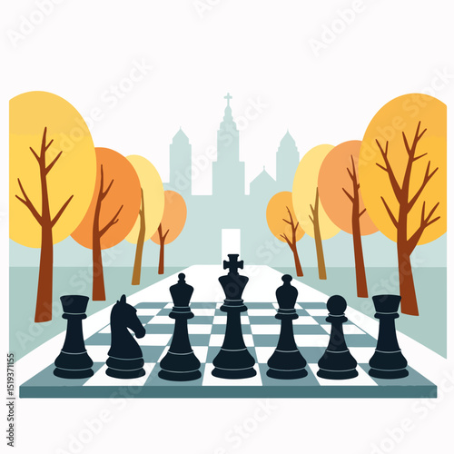Giant outdoor chessboard in autumn park setting.  Large chess pieces stand on squares of giant chess set.  Autumn leaves and city architecture form backdrop.