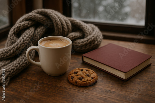 Cozy winter scene with coffee, book, scarf and cookie by window

