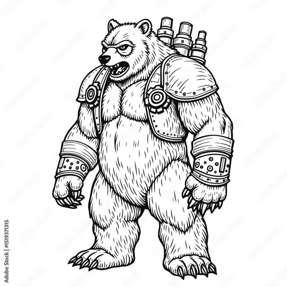 Fototapeta premium Steampunk Armored Bear Character Vector Illustration – Hand-Drawn Black and White Mechanical Animal Warrior on White Background