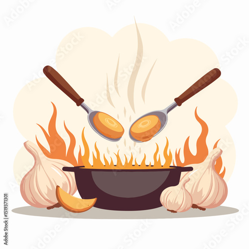 Cook-off contest with garlic dishes and voting cards.  Spicy garlic soup in pot with spoons.  Fiery cook-off competition concept perfect for culinary contest promotion.
