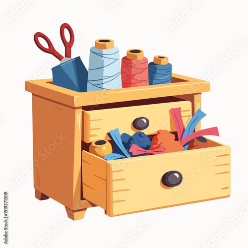 Open craft drawer with colorful thread spools, zippers, and felt pieces. Craft supplies neatly organized in small wooden chest of drawers. This image is perfect for crafting blogs, websites,
