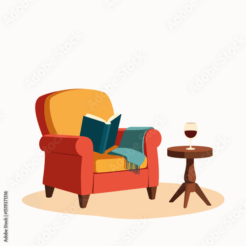 Cozy armchair with book, blanket, and glass of wine. Relaxing scene with comfortable armchair, open book, soft blanket, and wine glass on side table. Perfect image for home decor blogs,