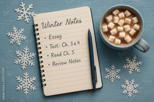 Winter study setup with notebook, hot cocoa, snowflakes and pen

