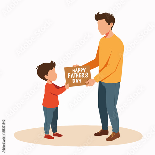 Child giving handmade Happy Father's Day card to dad.  Young son presents heartfelt creation to his father. Perfect illustration for Father's Day greeting cards, social media posts,