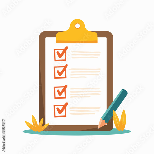 Completed checklist on clipboard with pencil.  Checklist shows tasks completed, boxes ticked off, preparation is done.  Checklist graphic for project management presentations, business reports,