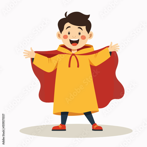 Boy in yellow robe and red cape plays superhero. Child in costume pretends to be abducted.  Fun illustration for kids book, children's website, or superhero themed party invitation.