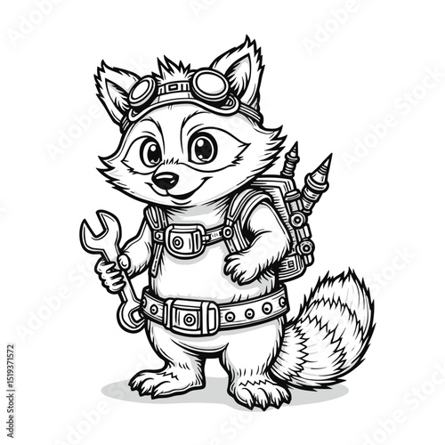 Black and White Line Art of a Steampunk Raccoon Holding Mechanical Gadgets ? Flux Dev Steampunk Animal Series (3).eps