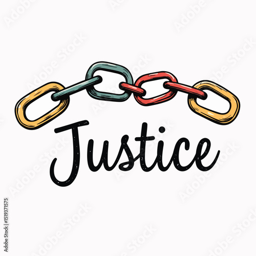 Chalk drawing of broken chains and word Justice. Illustration features colorful links and word Justice in elegant script. Concept image ideal for social justice campaigns, human rights awareness,