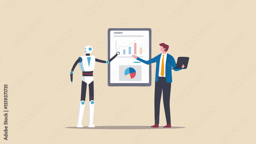 A robot and a man presenting a report with charts and graphs on a white board in a business meeting A robot and a man presenting a report with charts and graphs on a white board in a business meeting